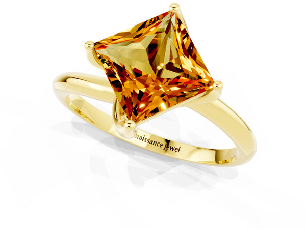 Yellow gold Princess Cut Citrine Solitaire Engagement Ring with Four-Prong Setting and Classic Band