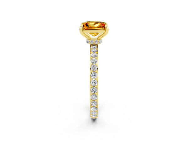 Yellow gold Princess Cut Citrine Solitaire Engagement Ring with Pavé Band and Four-Prong Setting