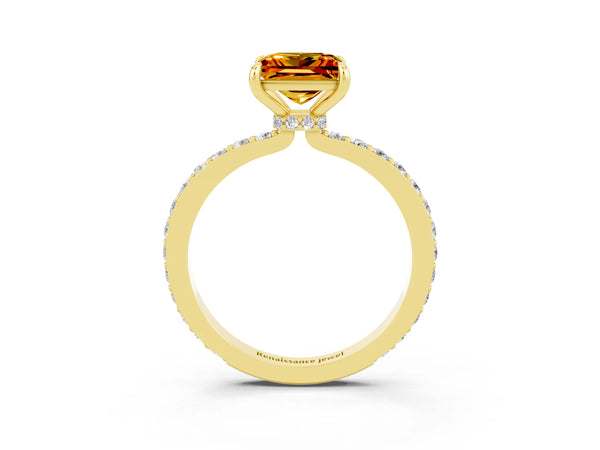 Yellow gold Princess Cut Citrine Solitaire Engagement Ring with Pavé Band and Four-Prong Setting