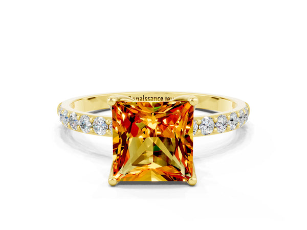 Yellow gold Princess Cut Citrine Solitaire Engagement Ring with Round  Pavé Band and Prong Setting