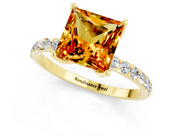 Yellow gold Princess Cut Citrine Solitaire Engagement Ring with Round  Pavé Band and Prong Setting