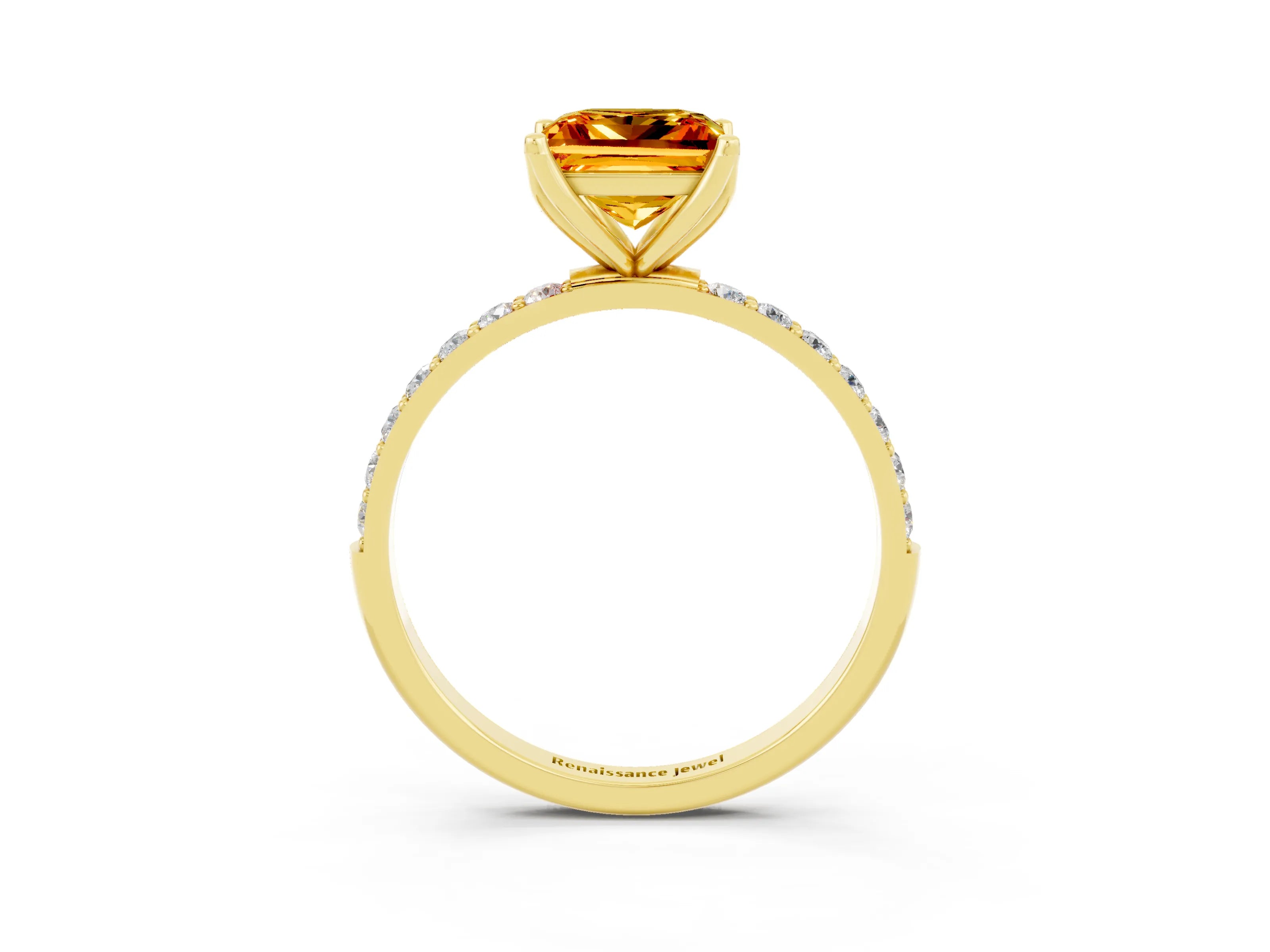 Yellow gold Princess Cut Citrine Solitaire Engagement Ring with Pavé Band and Prong Setting_3