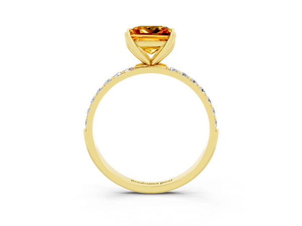 Yellow gold Princess Cut Citrine Solitaire Engagement Ring with Round  Pavé Band and Prong Setting