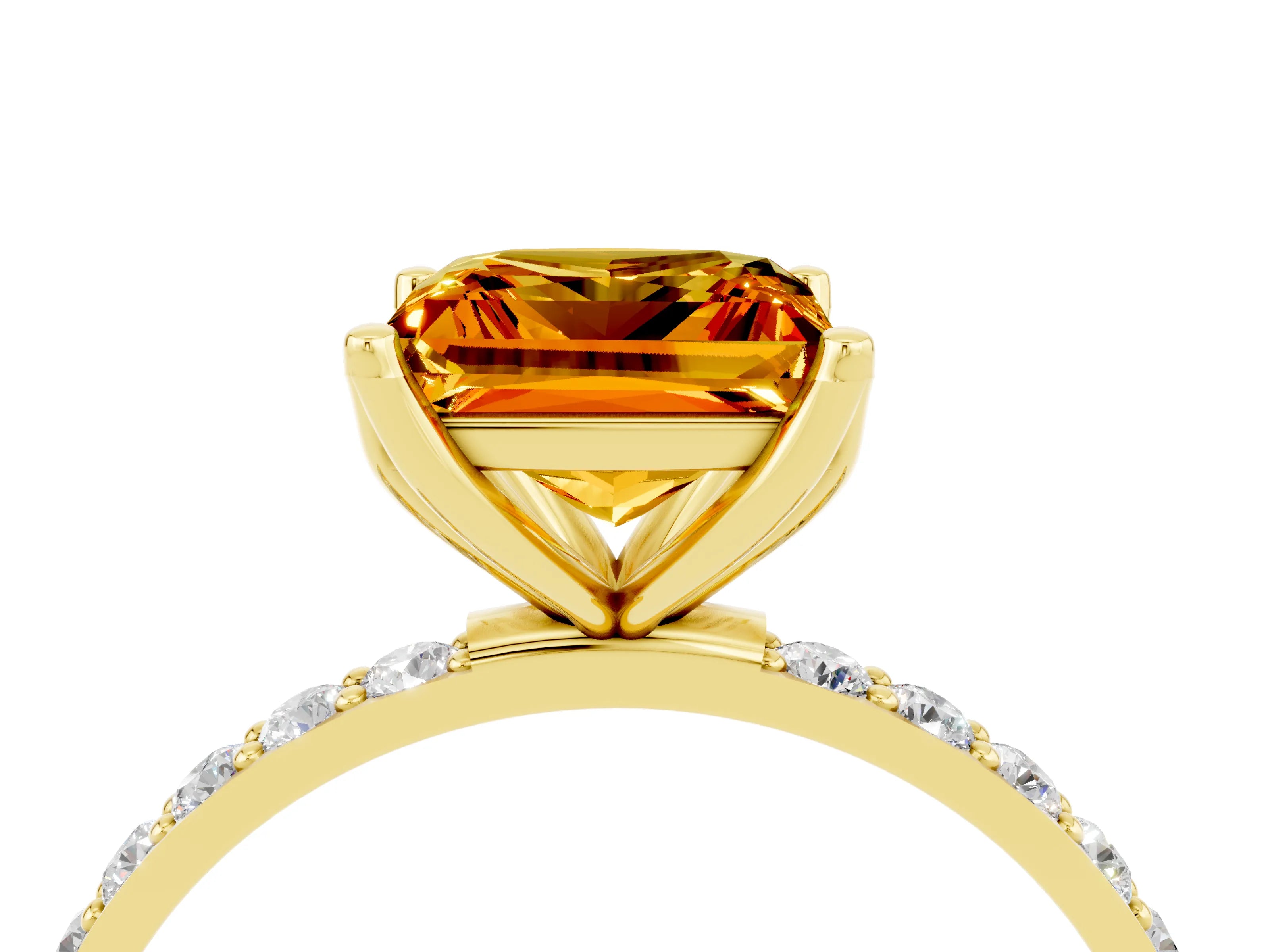Yellow gold Princess Cut Citrine Solitaire Engagement Ring with Pavé Band and Prong Setting_4