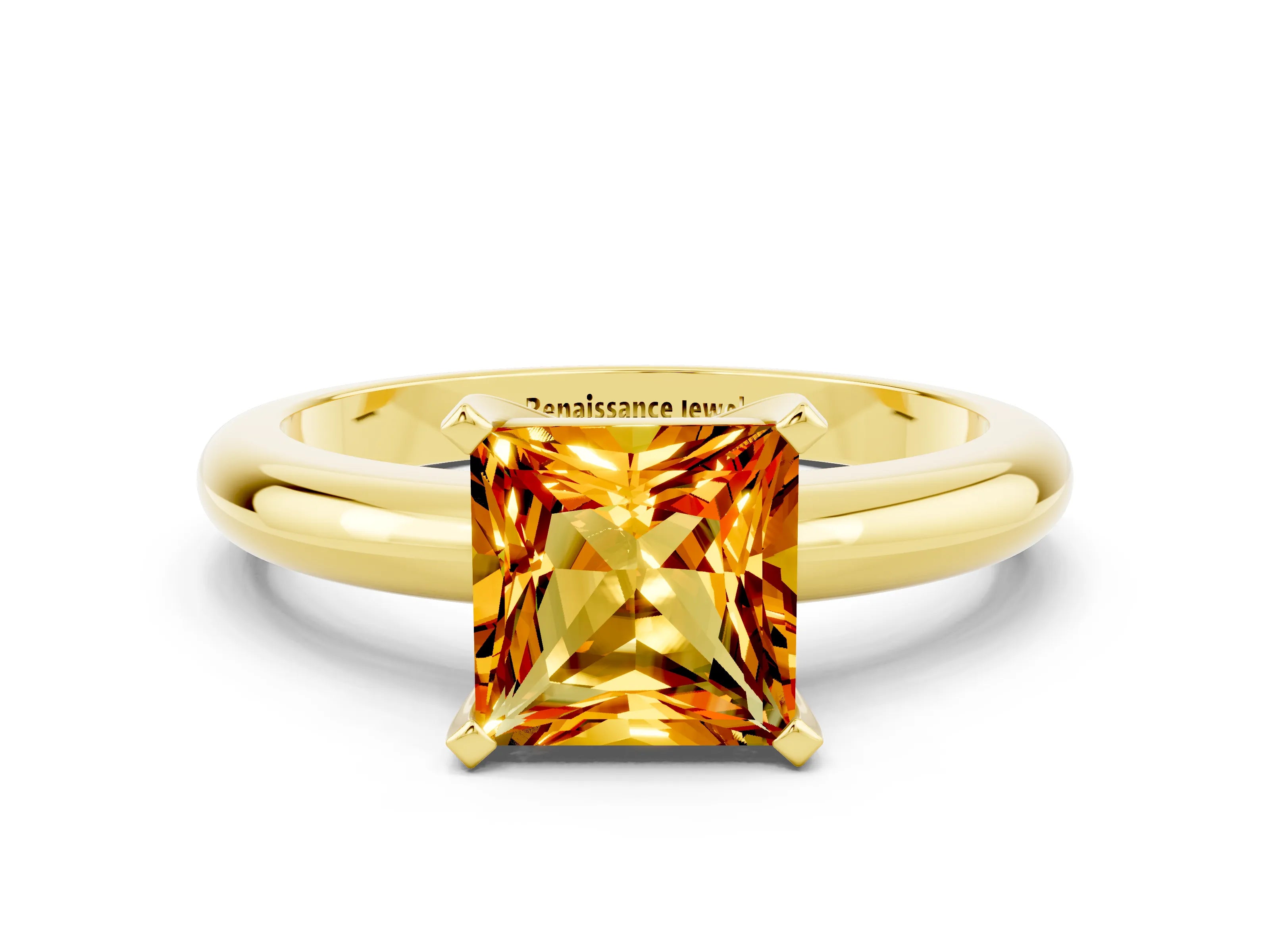 Yellow gold Princess Cut Citrine Solitaire Engagement Ring with Round Band and Four-Prong Setting