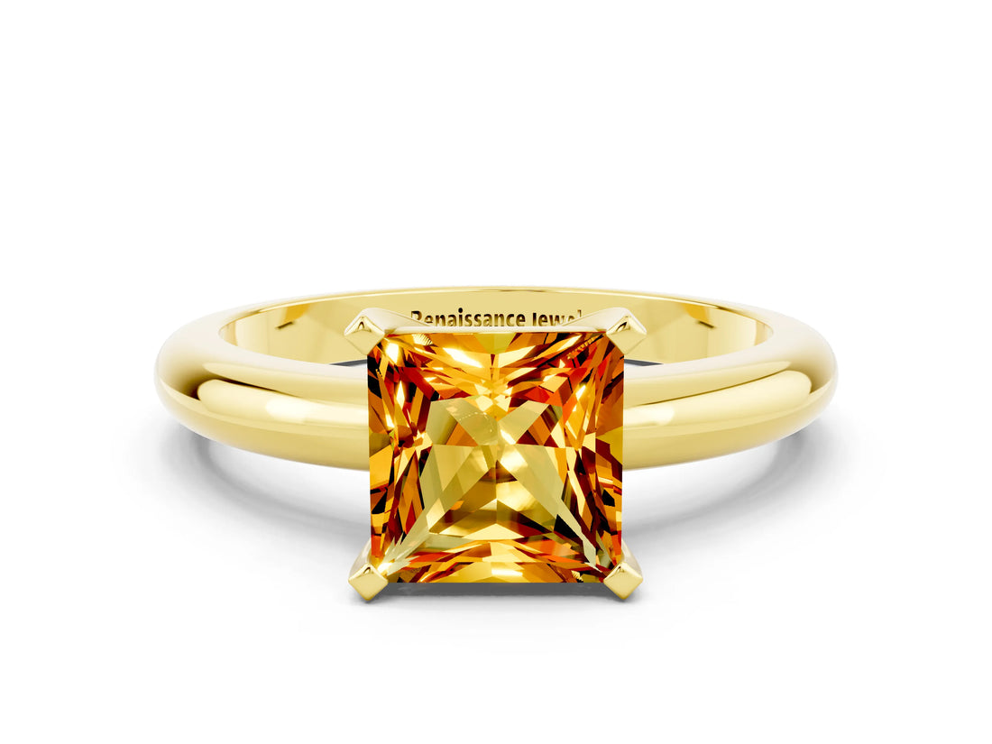 Yellow gold Princess Cut Citrine Solitaire Engagement Ring with Round Band and Four-Prong Setting