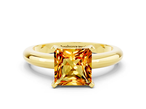 Yellow gold Princess Cut Citrine Solitaire Engagement Ring with Round Band and Four-Prong Setting