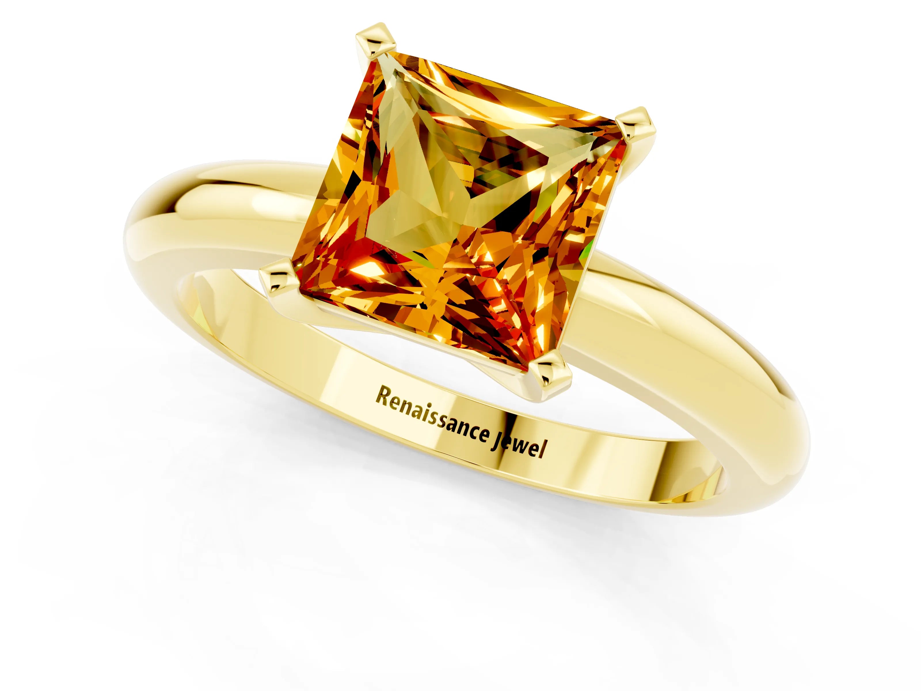 Yellow gold Princess Cut Citrine Solitaire Engagement Ring with Round Band and Four-Prong Setting_1