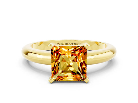 Yellow gold Princess Cut Citrine Solitaire Engagement Ring with Round Band and Four-Prong Setting