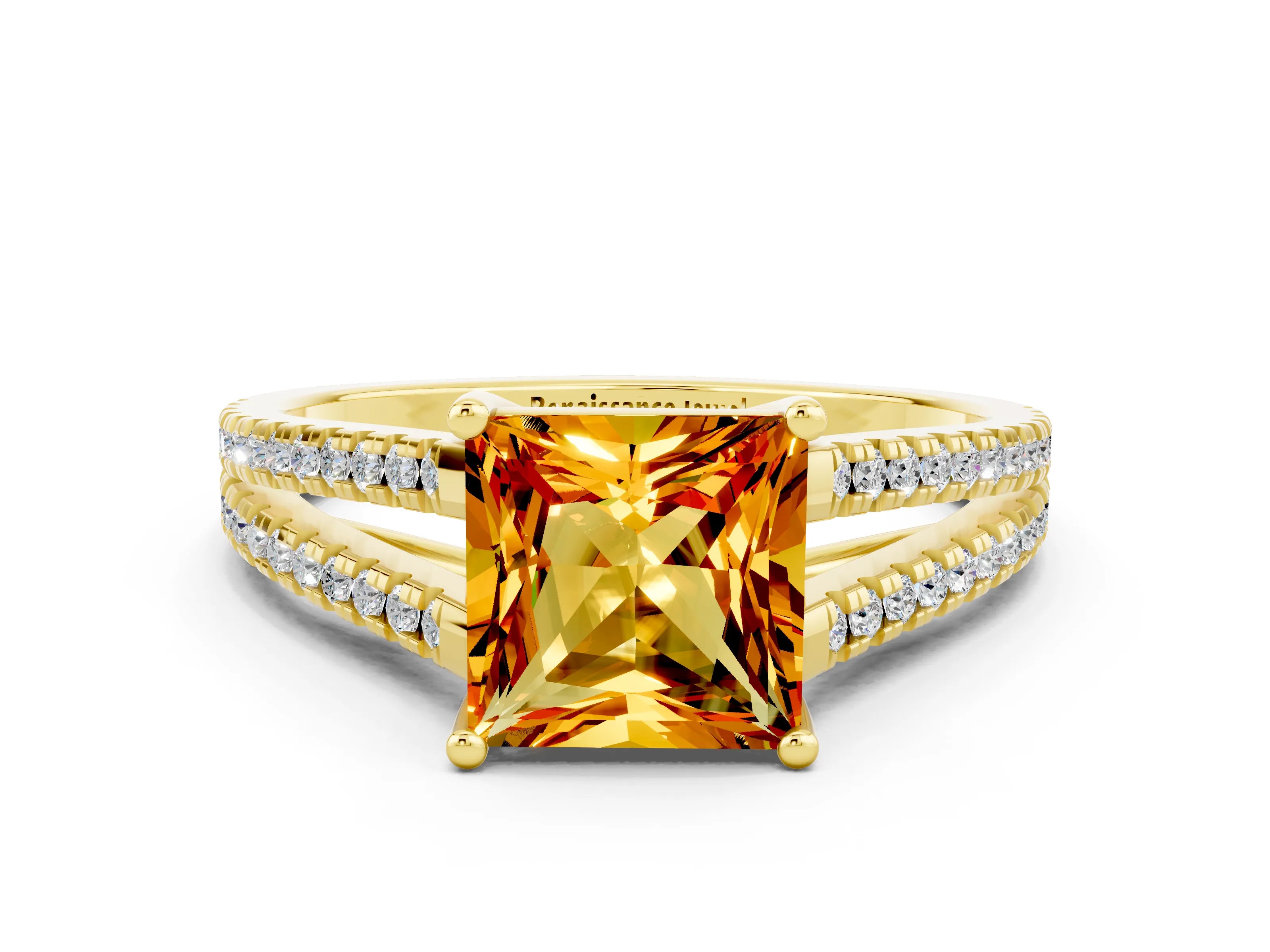 Yellow gold Princess Cut Citrine Solitaire Engagement Ring with Split Shank Pavé Band