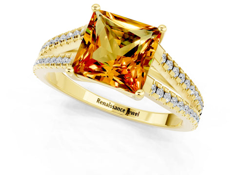 Yellow gold Princess Cut Citrine Solitaire Engagement Ring with Split Shank Pavé Band_1