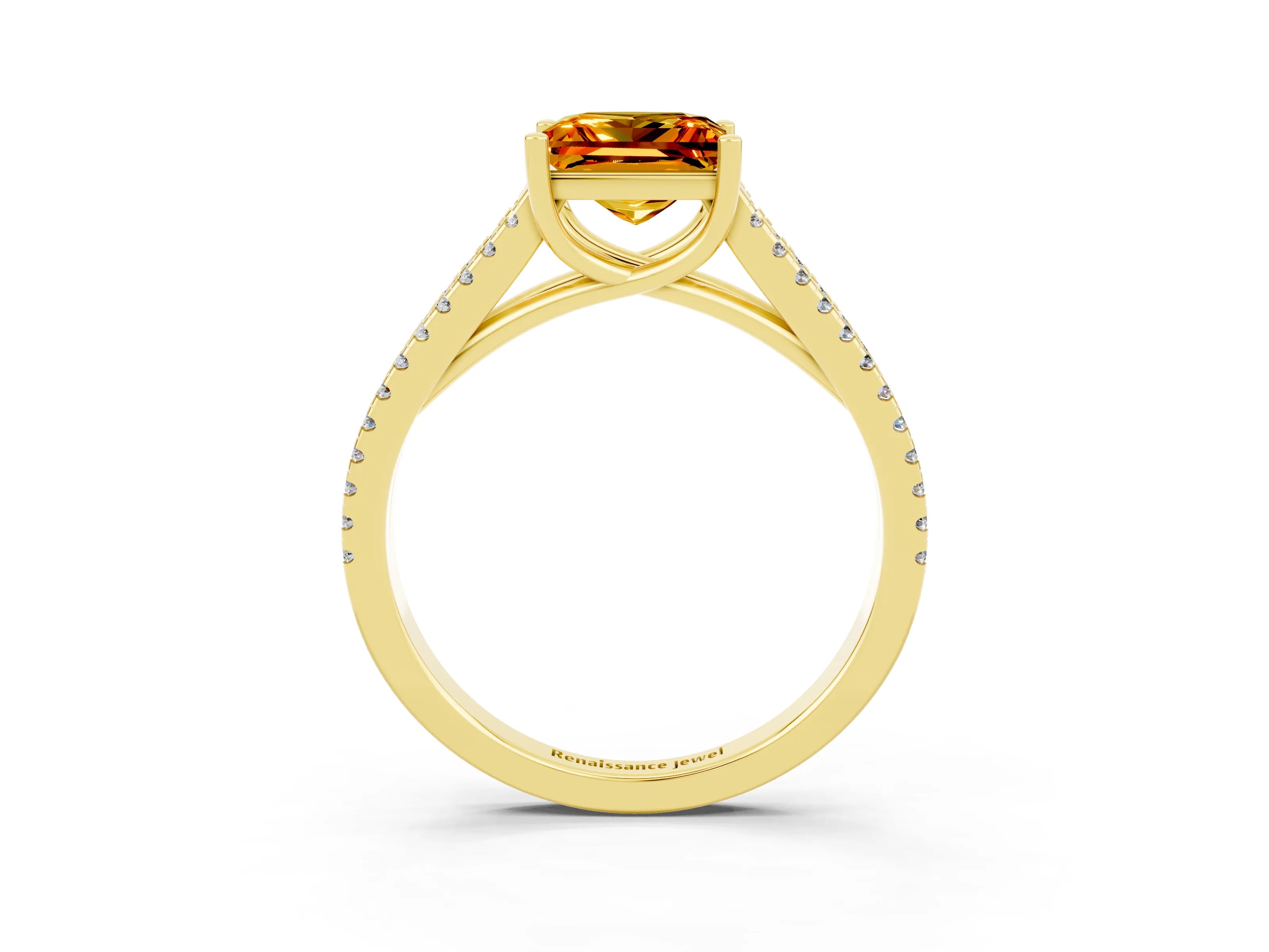 Yellow gold Princess Cut Citrine Solitaire Engagement Ring with Split Shank Pavé Band_3