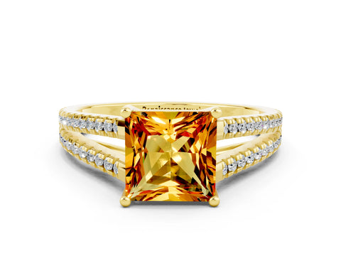 Yellow gold Princess Cut Citrine Solitaire Engagement Ring with Split Shank Pavé Band