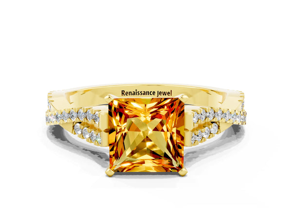 Yellow gold Princess Cut Citrine Solitaire Engagement Ring with Twisted Pavé Band and Four-Prong Setting