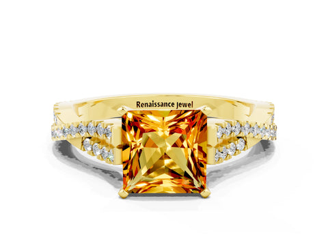 Yellow gold Princess Cut Citrine Solitaire Engagement Ring with Twisted Pavé Band and Four-Prong Setting_12