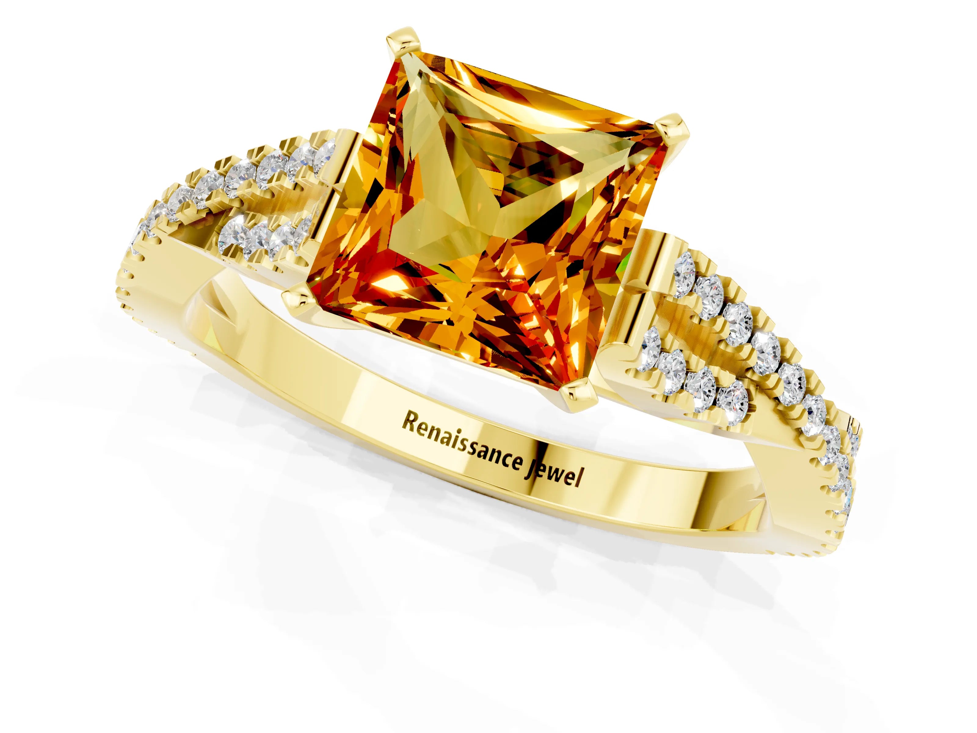 Yellow gold Princess Cut Citrine Solitaire Engagement Ring with Twisted Pavé Band and Four-Prong Setting_13