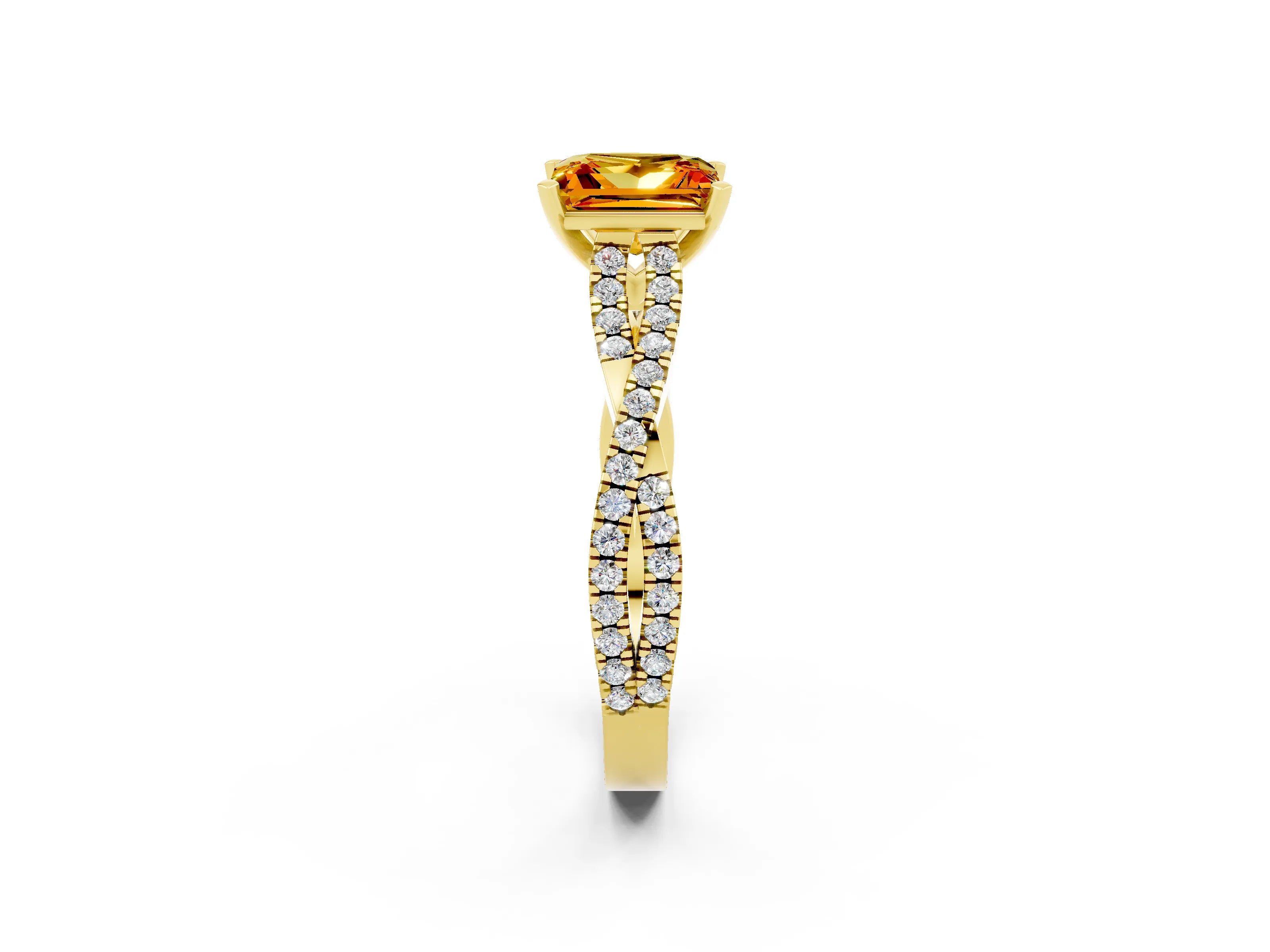 Yellow gold Princess Cut Citrine Solitaire Engagement Ring with Twisted Pavé Band and Four-Prong Setting_14