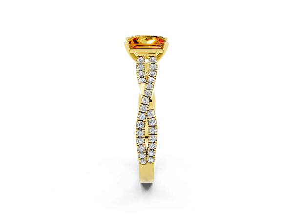 Yellow gold Princess Cut Citrine Solitaire Engagement Ring with Twisted Pavé Band and Four-Prong Setting