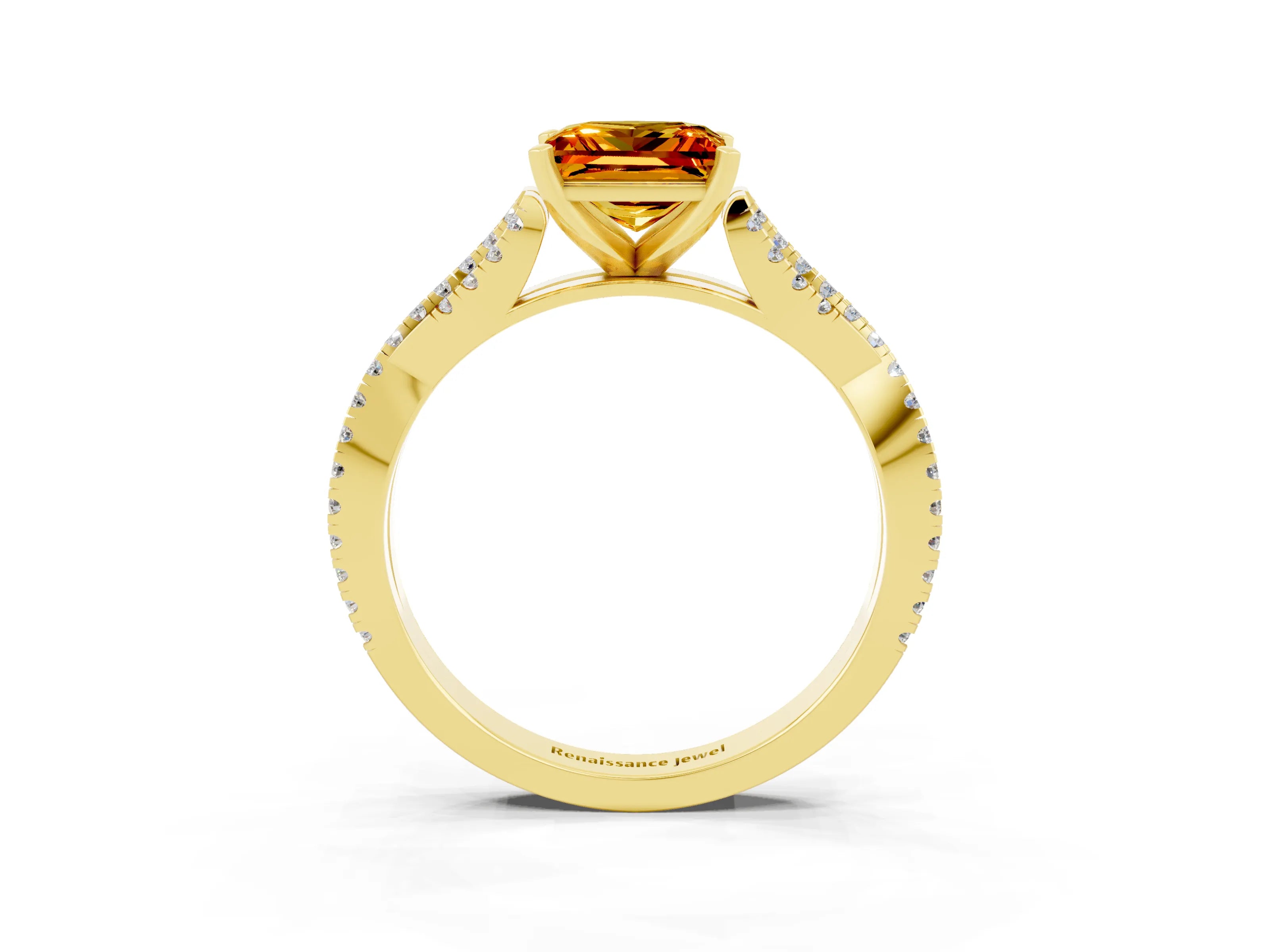 Yellow gold Princess Cut Citrine Solitaire Engagement Ring with Twisted Pavé Band and Four-Prong Setting_15