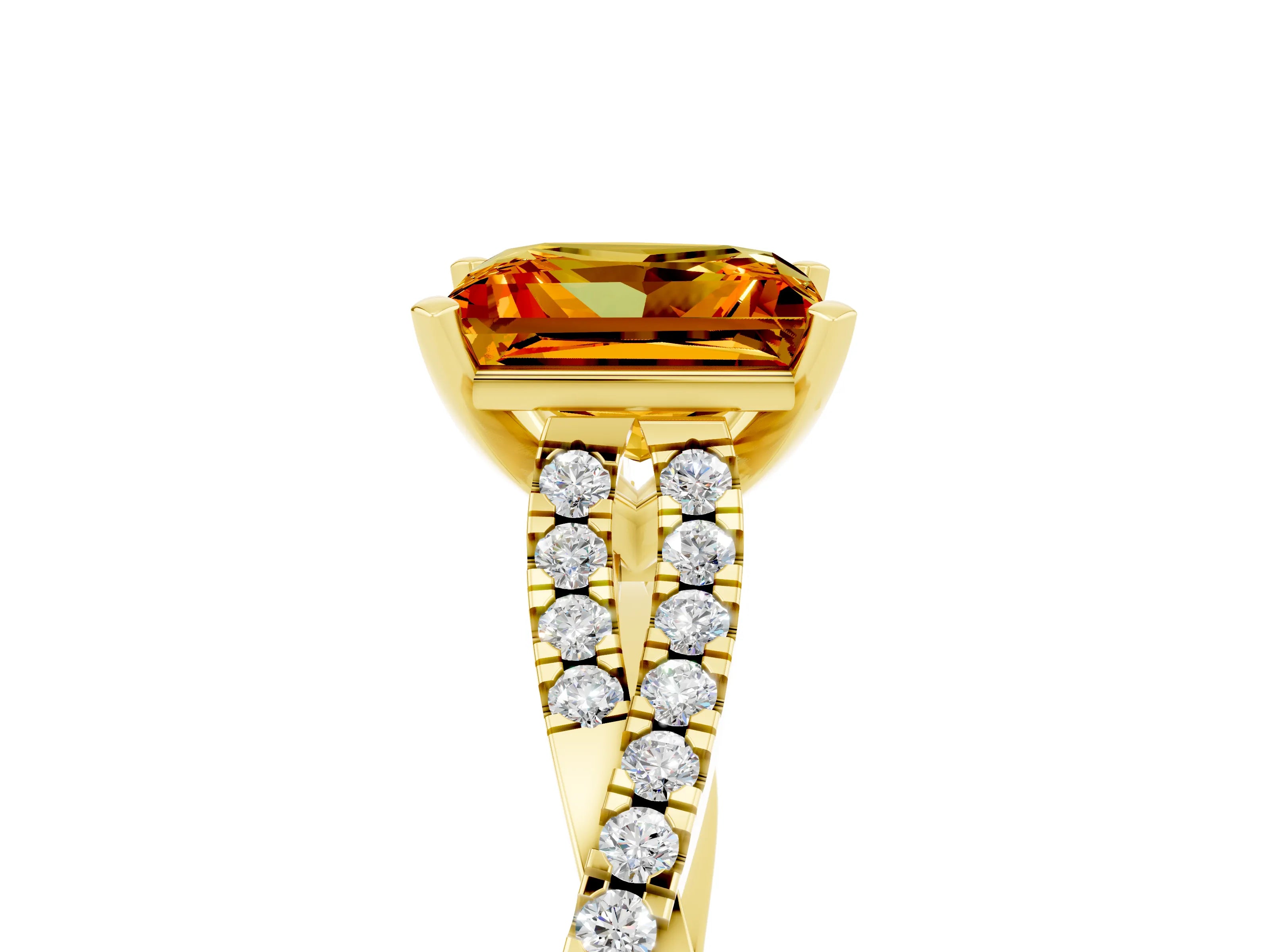 Yellow gold Princess Cut Citrine Solitaire Engagement Ring with Twisted Pavé Band and Four-Prong Setting_17