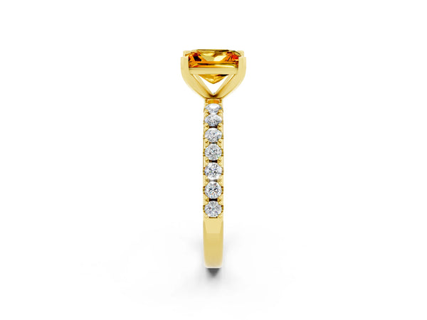 Yellow gold Princess Cut Citrine Solitaire Pavé Band with Four-Prong Setting