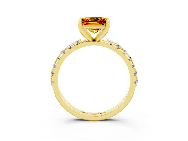 Yellow gold Princess Cut Citrine Solitaire Pavé Band with Four-Prong Setting