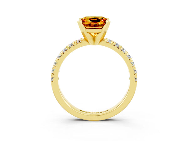 Yellow gold Princess Cut Citrine Solitaire Pavé Engagement Ring with Round Band and Prong Setting