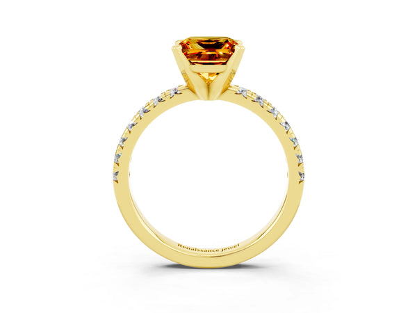 Yellow gold Princess Cut Citrine Solitaire Pavé Engagement Ring with Round Band and Prong Setting