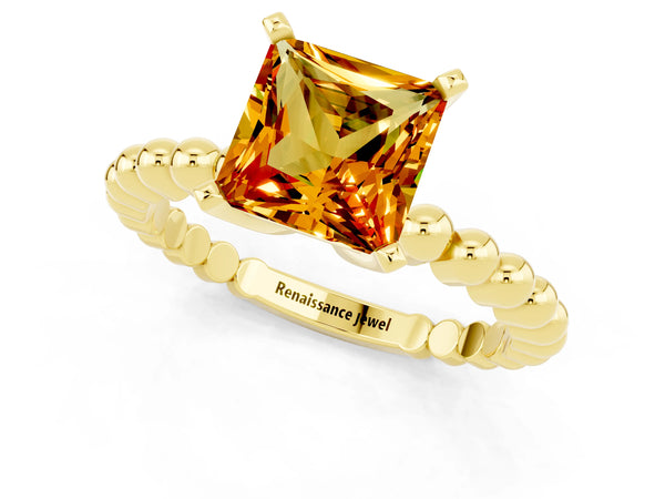 Yellow gold Princess Cut Citrine Solitaire Ring with Beaded Band and Prong Setting