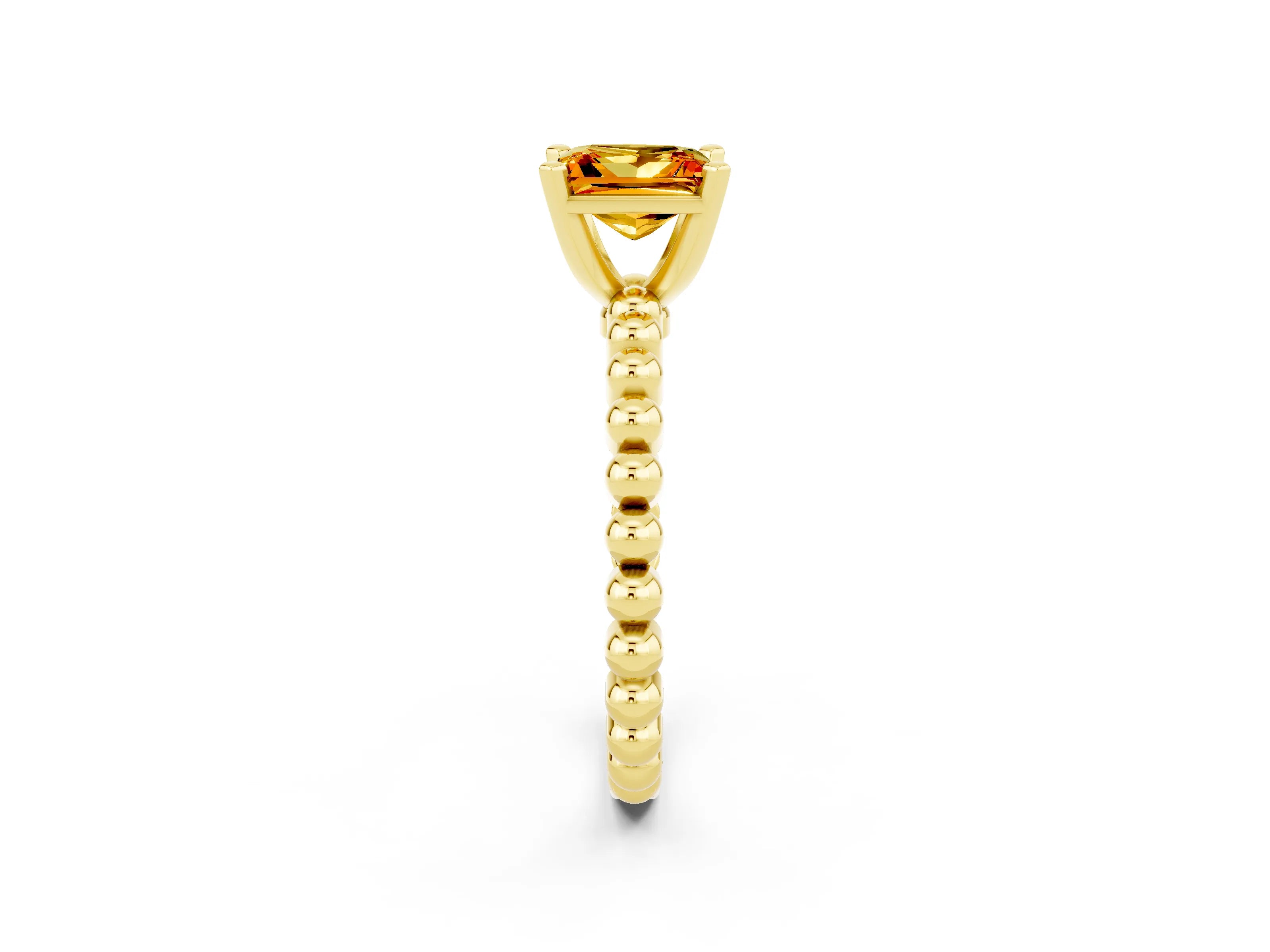 Yellow gold Princess Cut Citrine Solitaire Ring with Beaded Band and Prong Setting_2