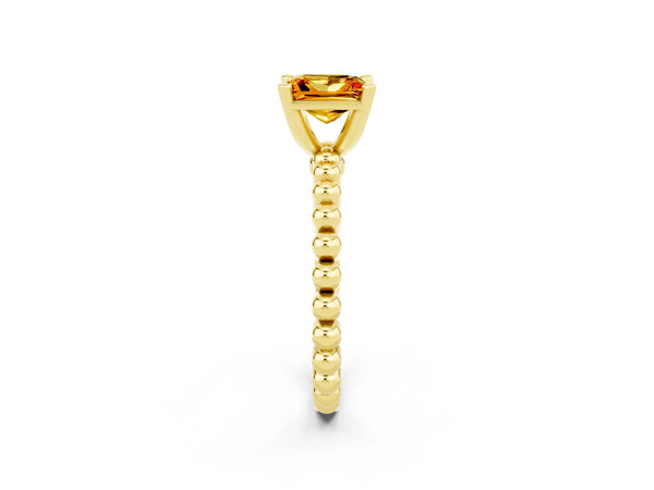 Yellow gold Princess Cut Citrine Solitaire Ring with Beaded Band and Prong Setting