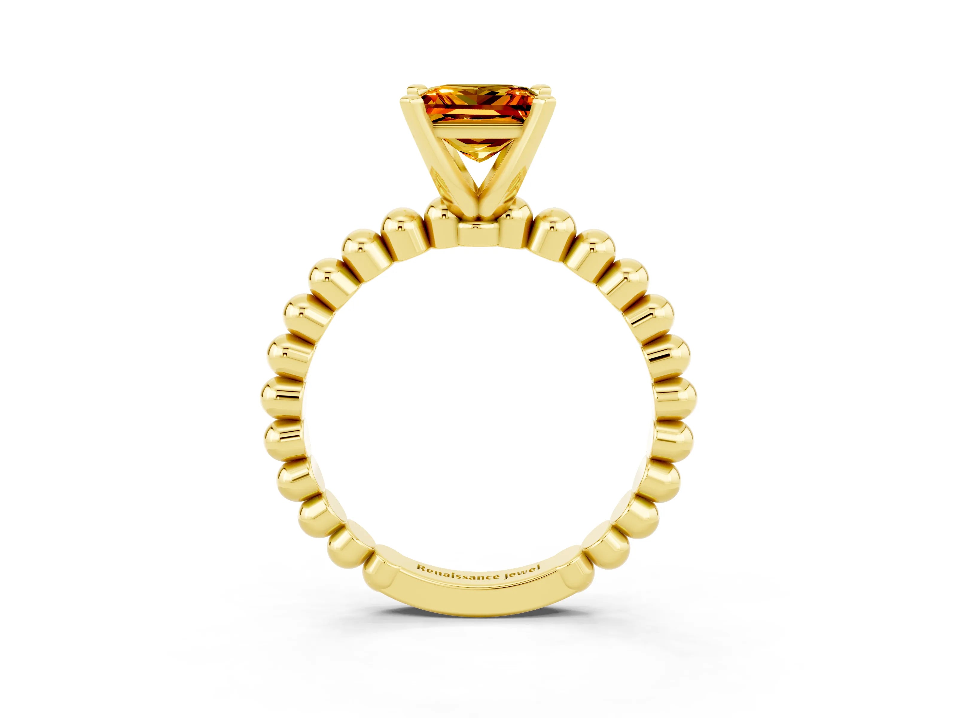 Yellow gold Princess Cut Citrine Solitaire Ring with Beaded Band and Prong Setting_3