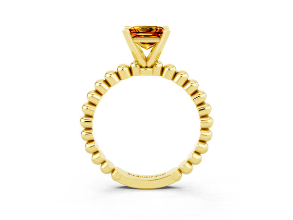 Yellow gold Princess Cut Citrine Solitaire Ring with Beaded Band and Prong Setting