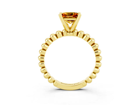 Yellow gold Princess Cut Citrine Solitaire Ring with Beaded Band and Prong Setting_3