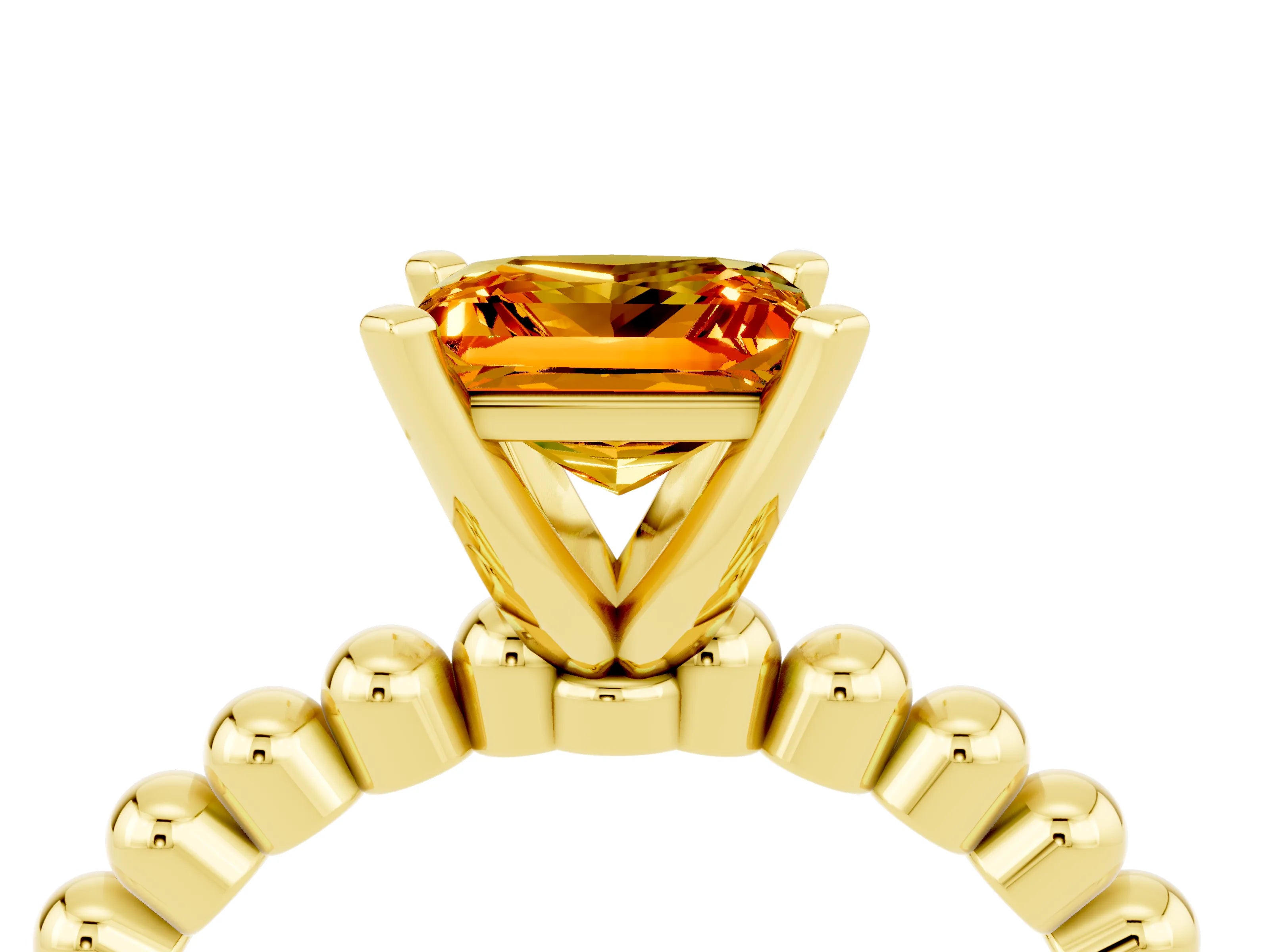 Yellow gold Princess Cut Citrine Solitaire Ring with Beaded Band and Prong Setting_4
