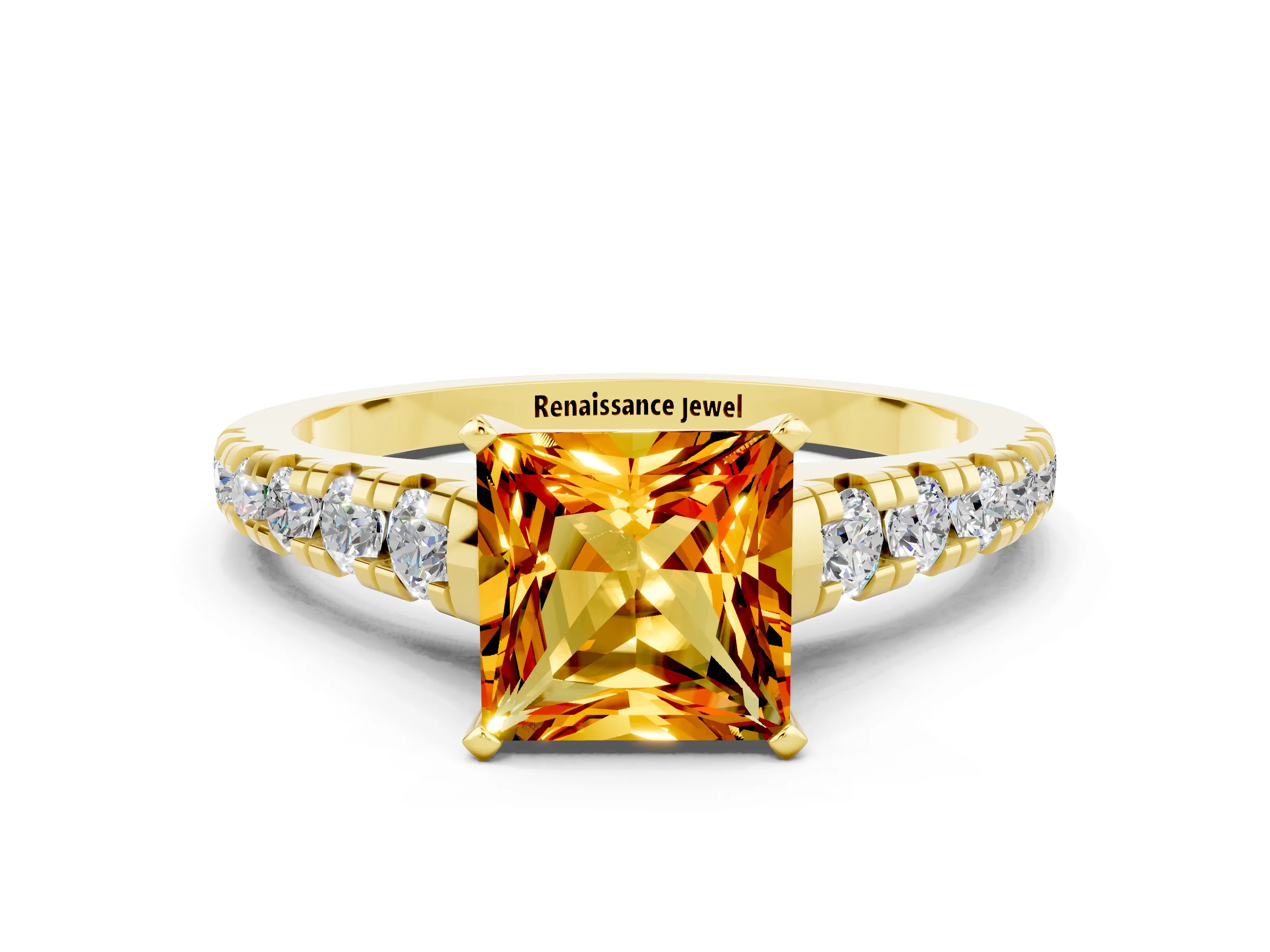 Yellow gold Princess Cut Citrine Solitaire Ring with Cathedral Setting and Pavé Band