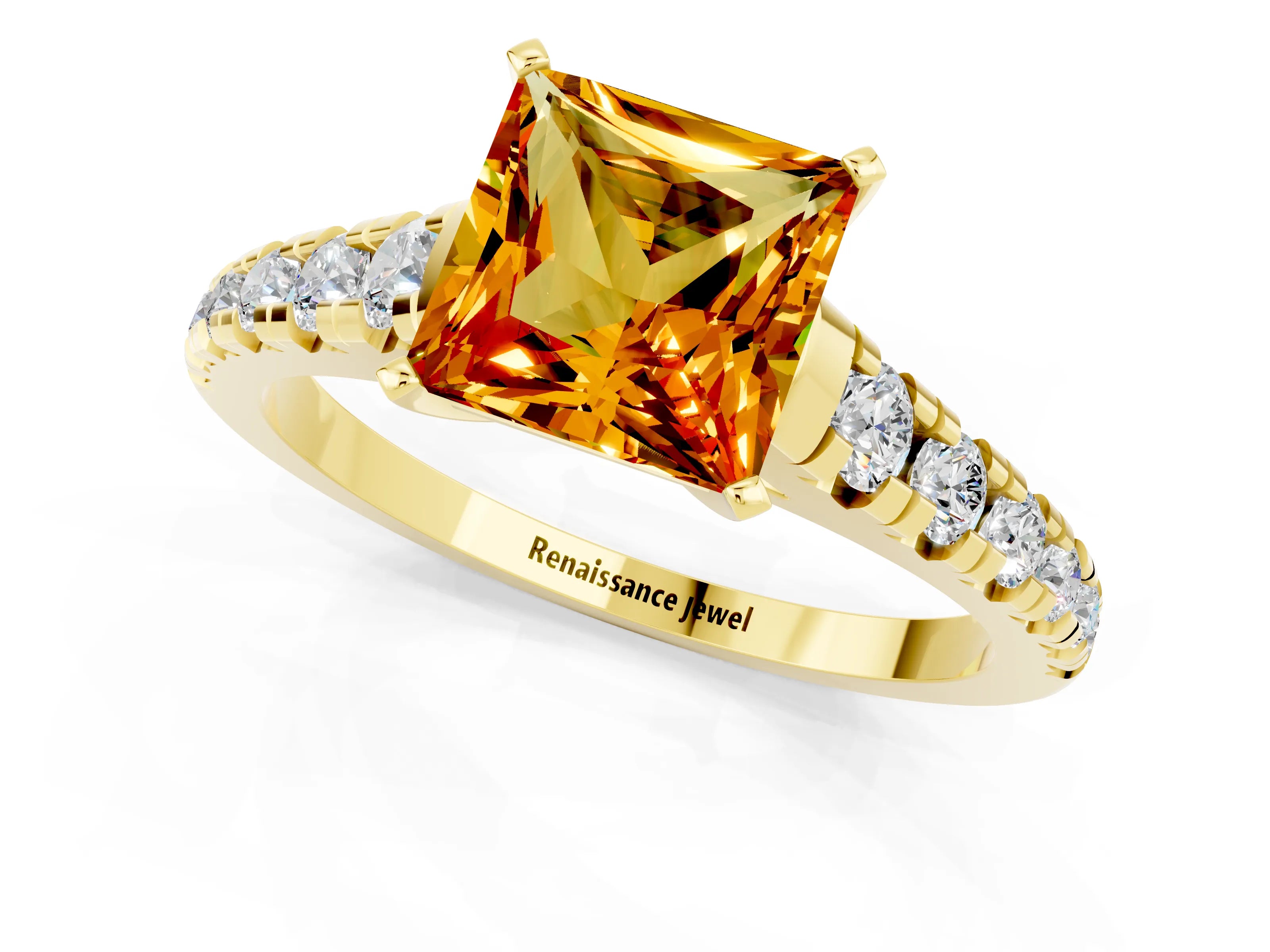 Yellow gold Princess Cut Citrine Solitaire Ring with Cathedral Setting and Pavé Band_1