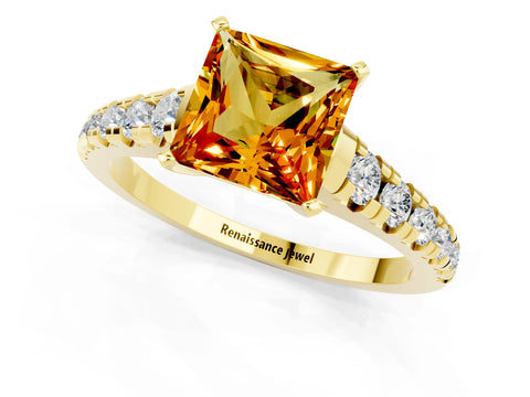 Yellow gold Princess Cut Citrine Solitaire Ring with Cathedral Setting and Pavé Band_1
