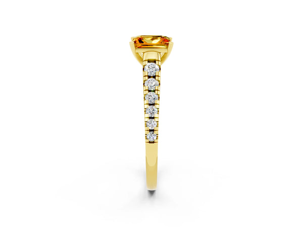 Yellow gold Princess Cut Citrine Cathedral Solitaire Ring with Round  Pavé Band