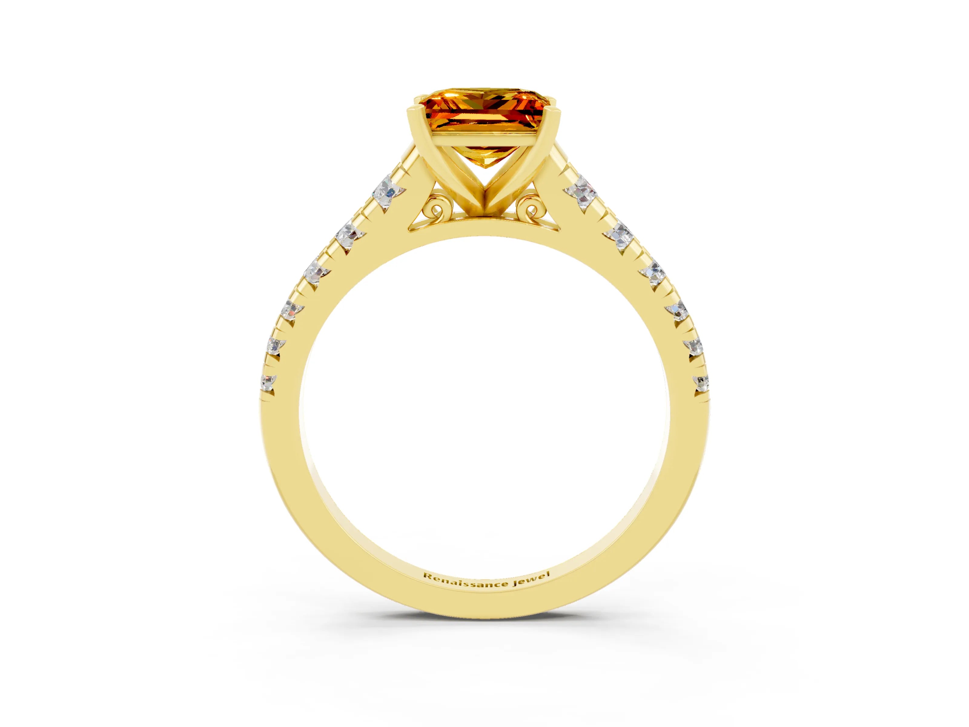 Yellow gold Princess Cut Citrine Solitaire Ring with Cathedral Setting and Pavé Band_3