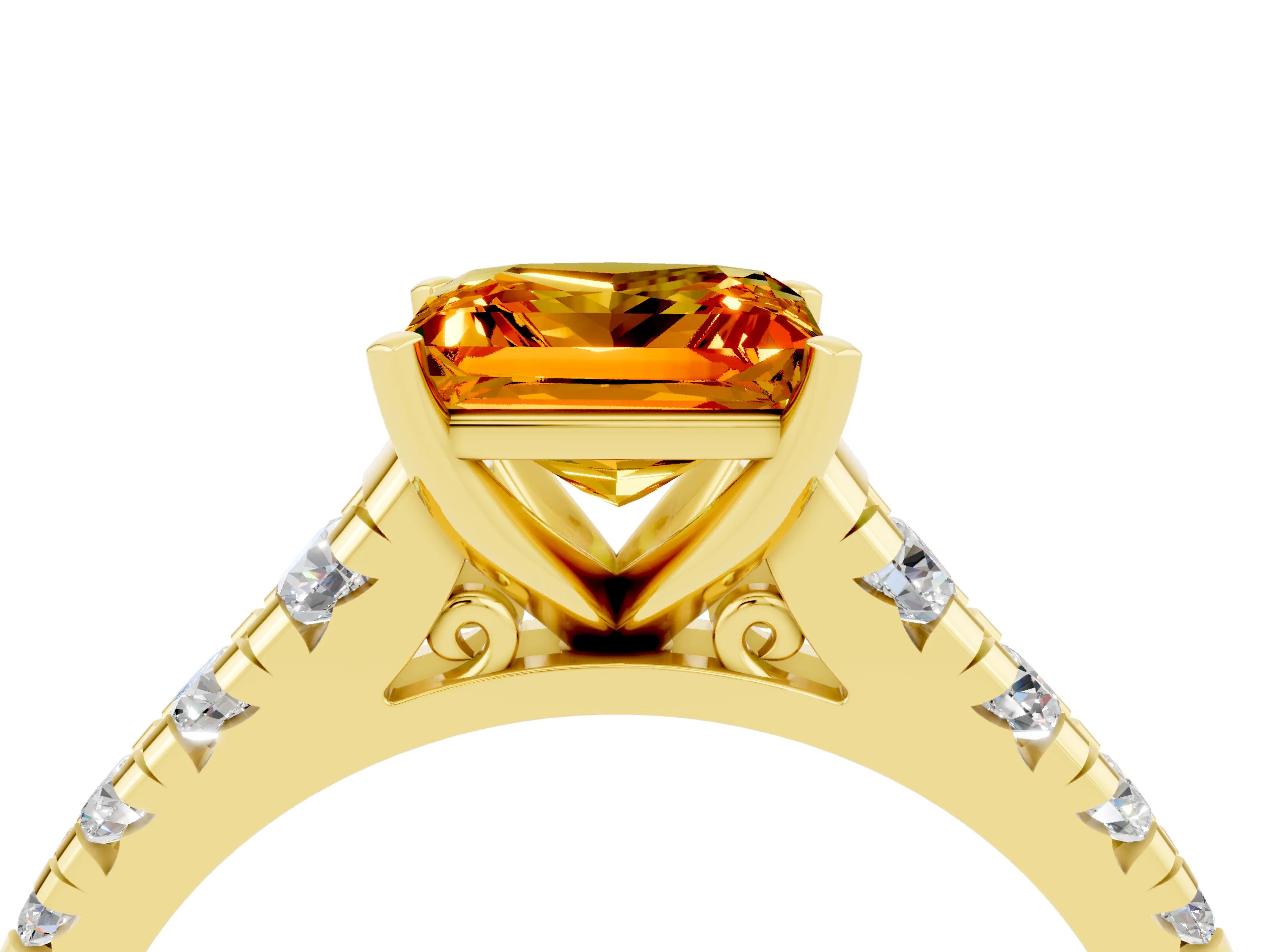 Yellow gold Princess Cut Citrine Solitaire Ring with Cathedral Setting and Pavé Band_4