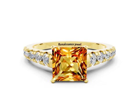 Yellow gold Princess Cut Citrine Solitaire Ring with Cathedral Setting and Pavé Band