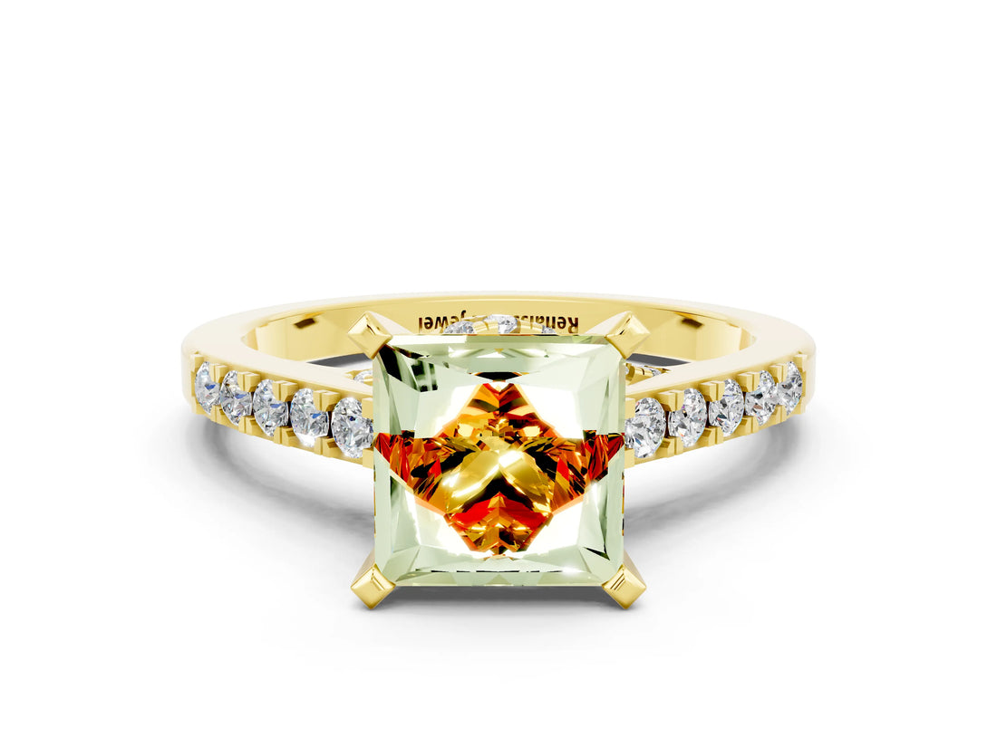 Yellow gold Princess Cut Citrine Solitaire Ring with Crossover Gallery and Round  Pavé Band_12