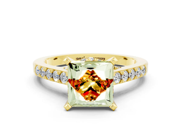 Yellow gold Princess Cut Citrine Solitaire Ring with Crossover Gallery and Round  Pavé Band