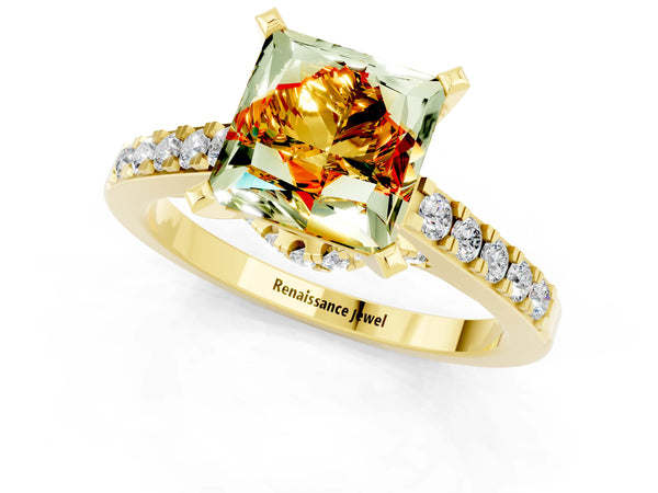 Yellow gold Princess Cut Citrine Solitaire Ring with Crossover Gallery and Round  Pavé Band