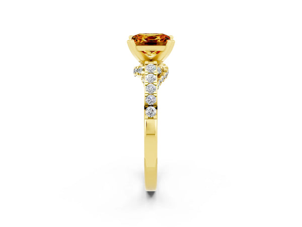 Yellow gold Princess Cut Citrine Solitaire Ring with Crossover Gallery and Round  Pavé Band