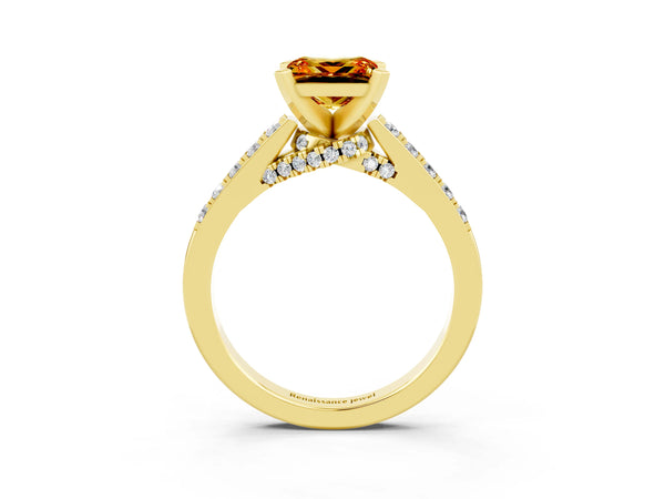 Yellow gold Princess Cut Citrine Solitaire Ring with Crossover Gallery and Round  Pavé Band