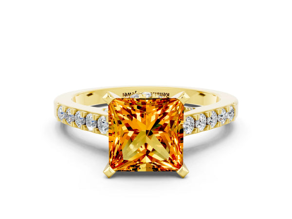 Yellow gold Princess Cut Citrine Solitaire Ring with Crossover Gallery and Round  Pavé Band
