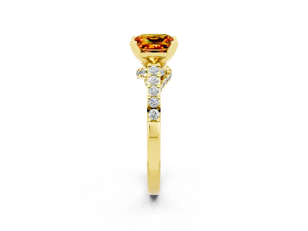Yellow gold Princess Cut Citrine Solitaire Ring with Crossover Gallery and Round  Pavé Band