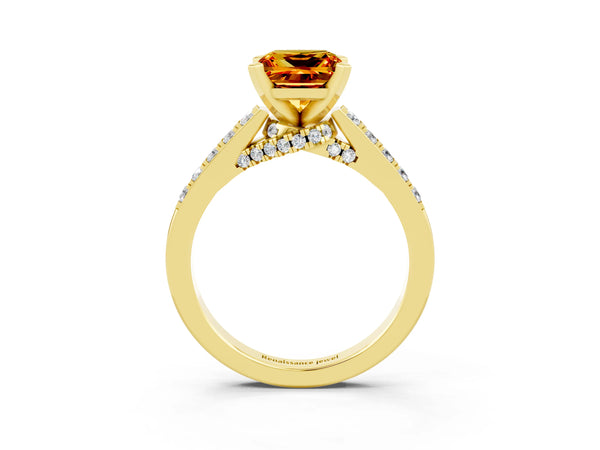 Yellow gold Princess Cut Citrine Solitaire Ring with Crossover Gallery and Round  Pavé Band